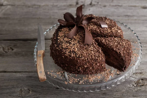 Chokladkaka Gamla Träbord — Stockfoto