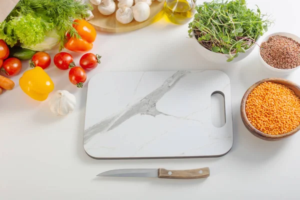 Verse Gezondheid Vegetarisch Voedsel Witte Tafel Keuken — Stockfoto