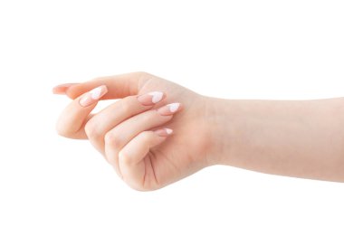 Güzel, uzun tırnaklı, manikürlü, kalp desenli, beyaz tenli kadın elleri.