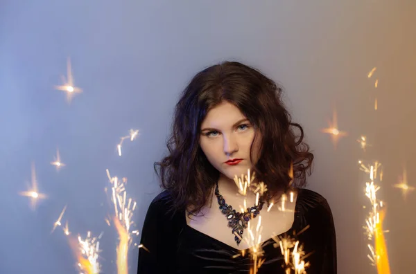 Young Beautiful Brunette Witch Fire Sparks — Stock Photo, Image