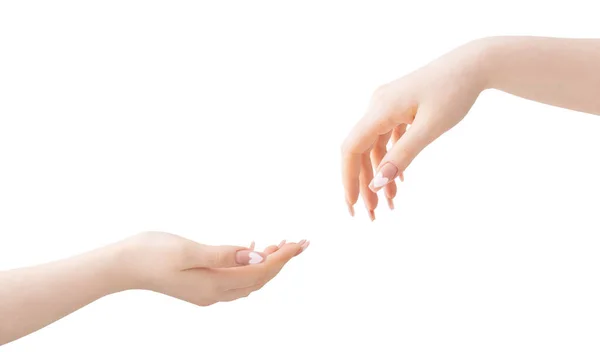 Vrouwelijke Handen Met Mooie Lange Nagels Met Manicure Met Hart — Stockfoto