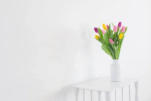 Tulips White Vase Wooden Shelf White Background — Stock Photo, Image
