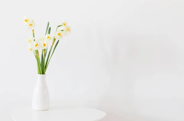 白い背景に白い花瓶の水仙 — ストック写真