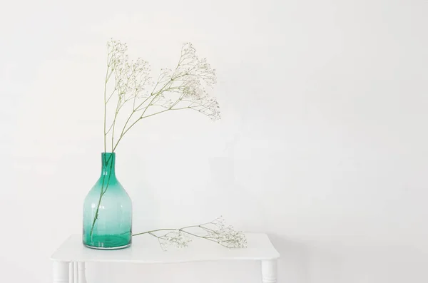 Gypsophila Vaso Vidro Prateleira Madeira Velha Fundo Branco — Fotografia de Stock