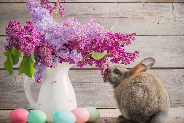 Petit Lapin Avec Des Fleurs Printemps Des Œufs Pâques Sur — Photo