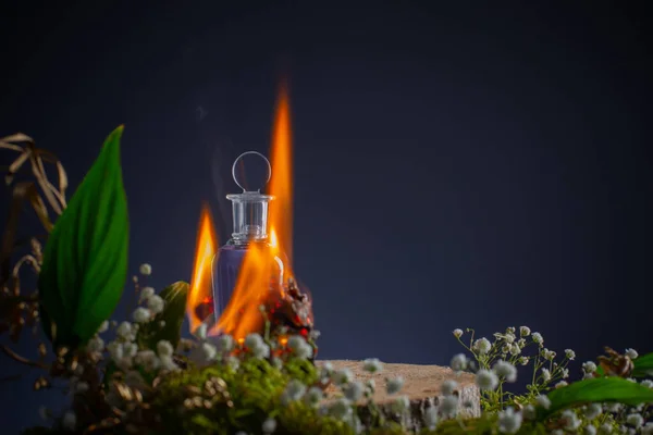 Mágikus Bájital Üvegben Tűzzel Növények Virágok Kék Alapon — Stock Fotó