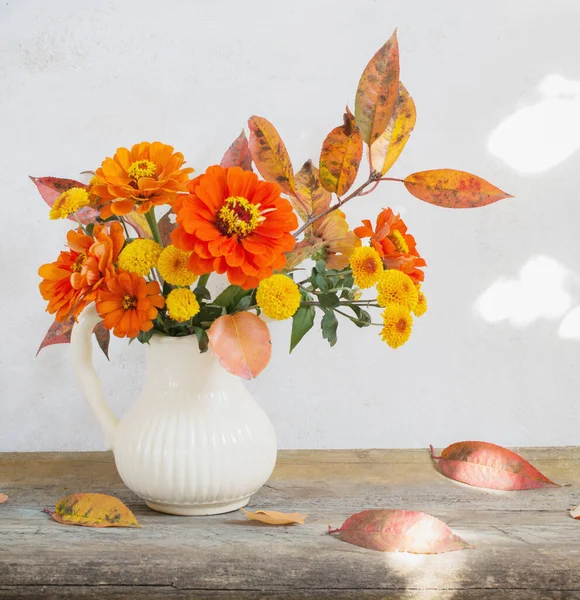 Autumn Flowers Pitcher Old Wooden Bench — Stock Photo, Image