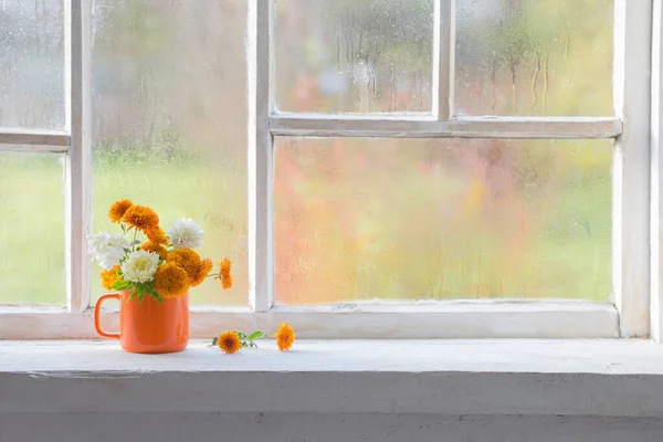 Flores Otoño Taza Naranja Viejo Alféizar Ventana Blanca — Foto de Stock