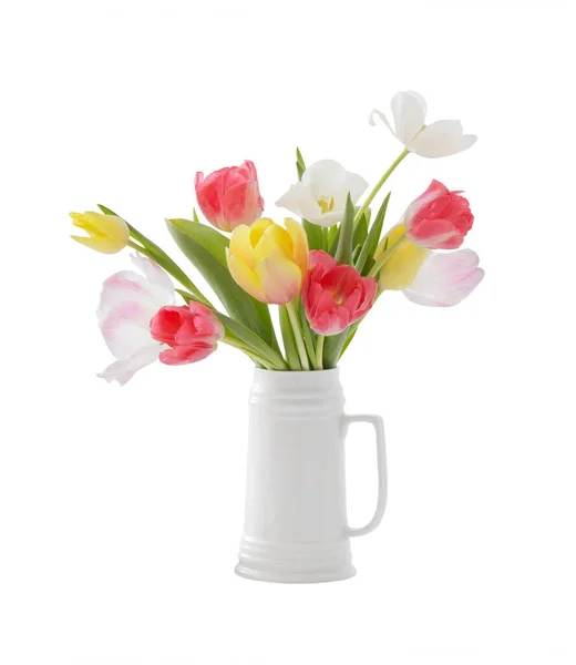 Hermosos Tulipanes Jarra Blanca Aislada Sobre Fondo Blanco —  Fotos de Stock