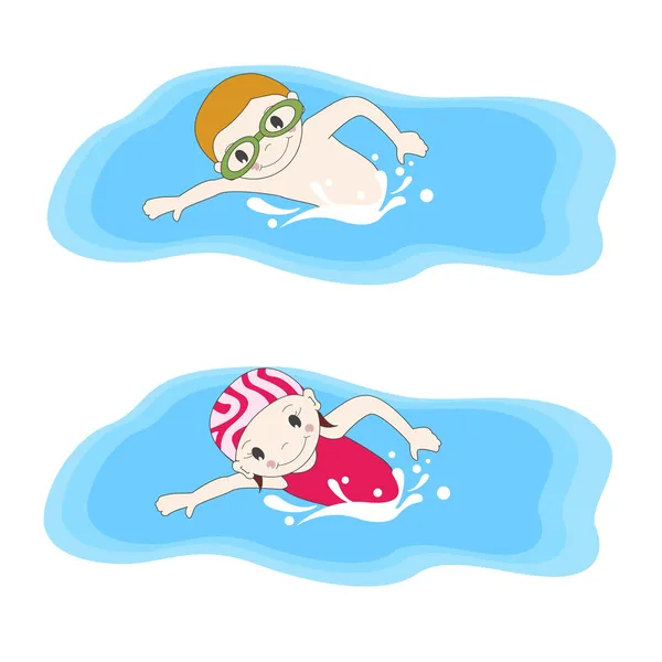 Niño y nadando en la piscina — Vector de stock