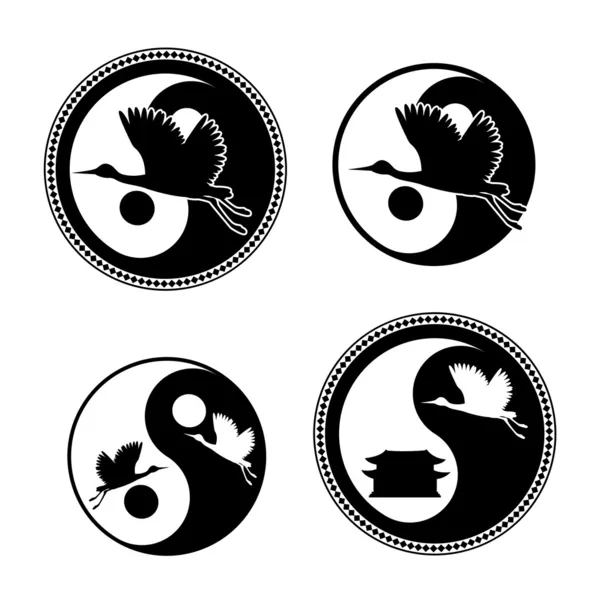 Símbolo Yin Yang con grúas voladoras — Vector de stock