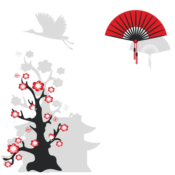 Abanico chino y árbol floreciente — Vector de stock