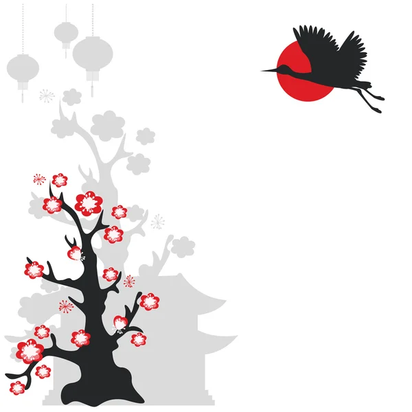 Vliegende kraan vogel en bloeiende boom — Stockvector