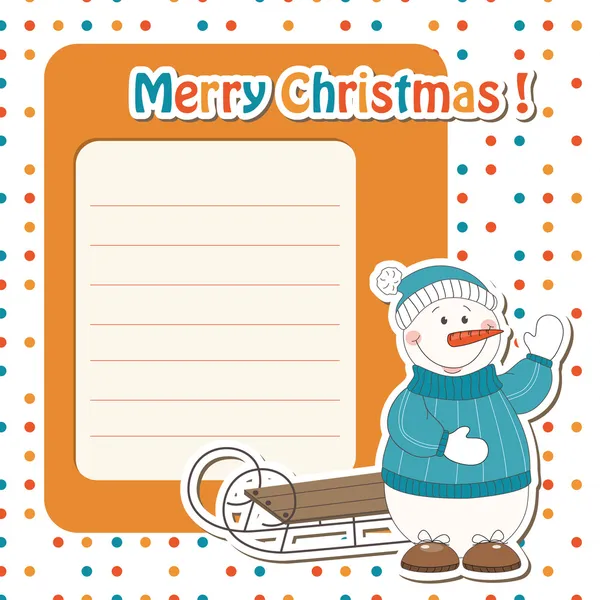 Tarjeta de felicitación de Navidad con muñeco de nieve de dibujos animados y trineo — Vector de stock