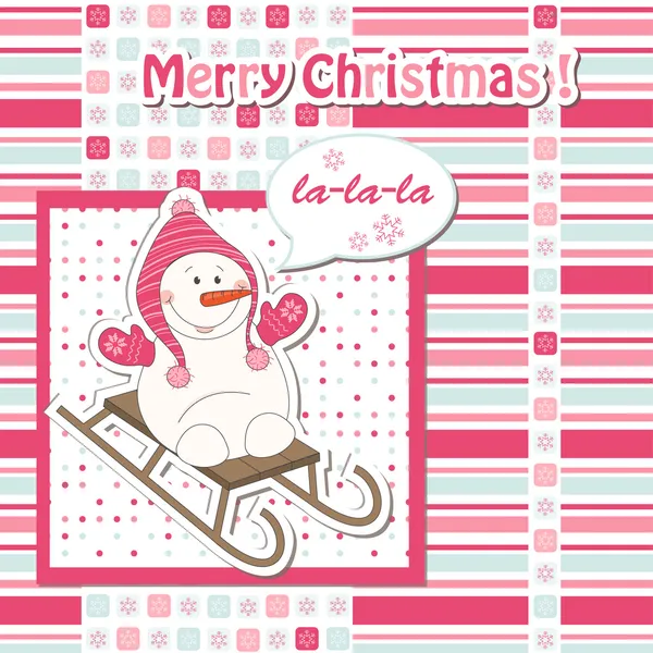 Christmas greeting card with cartoon snowman sledding — Stock Vector