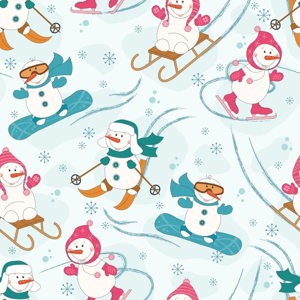Modèle sans couture avec bonhomme de neige de sport d'hiver — Image vectorielle