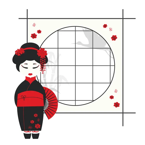 Geisha chica con ventilador — Vector de stock