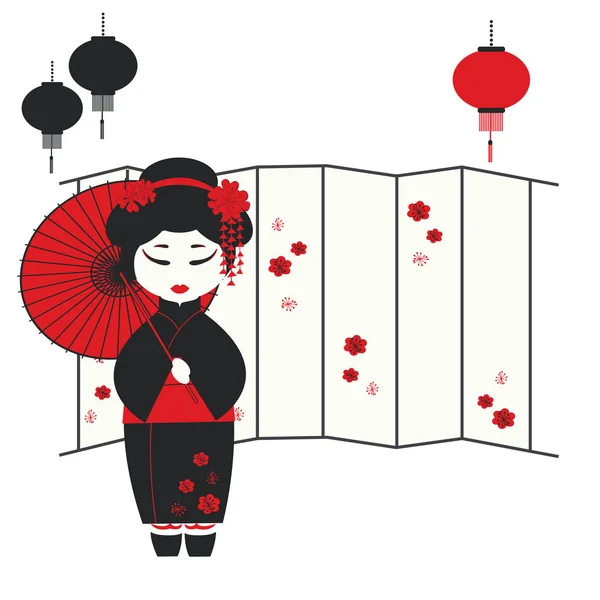 Geisha chica con paraguas — Vector de stock