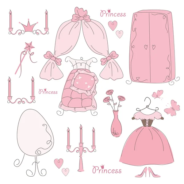Conjunto de muebles y accesorios Princesa — Vector de stock