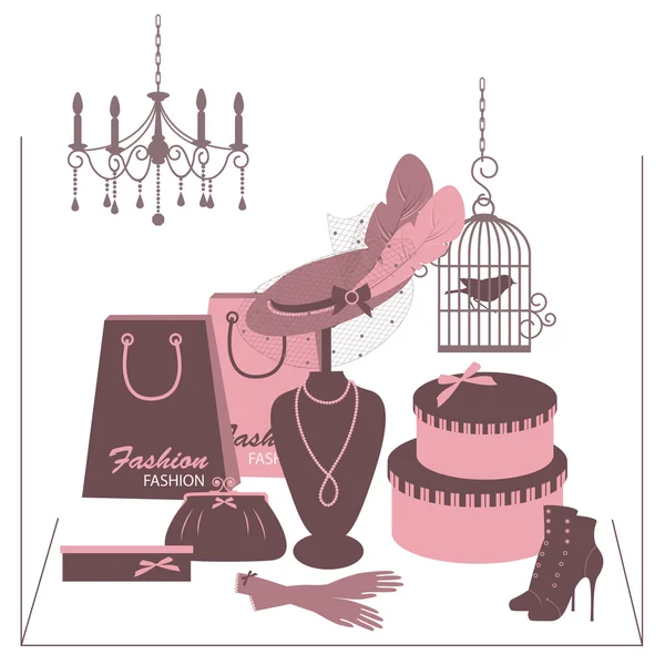 Tienda de moda Storefront con accesorios para mujer . — Vector de stock