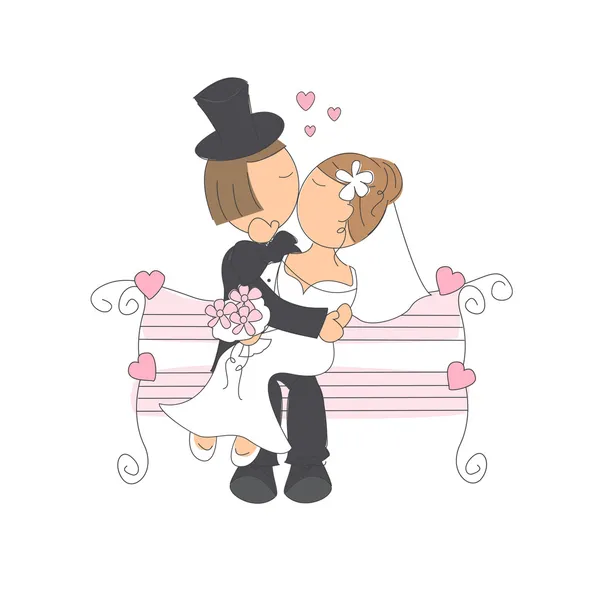 Pareja de boda en un banco del parque — Vector de stock