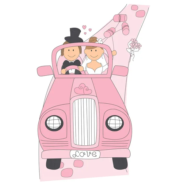 Pareja de boda en coche conduciendo a su luna de miel . — Vector de stock