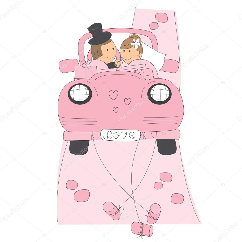 Wedding couple on car driving to their honeymoon.