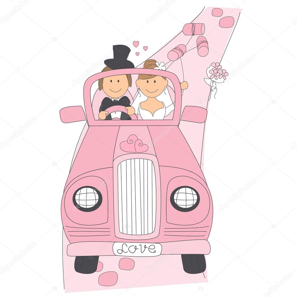Wedding couple on car driving to their honeymoon.