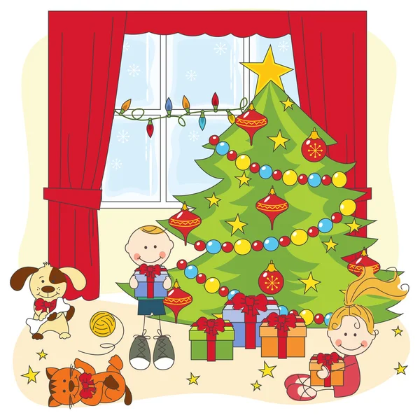 Ilustración de Navidad. Niños abriendo regalos . — Vector de stock