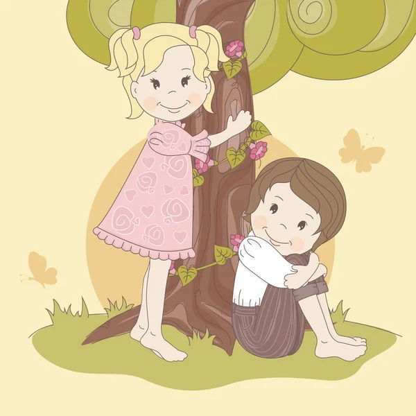 Couple adolescents sous l'arbre — Image vectorielle