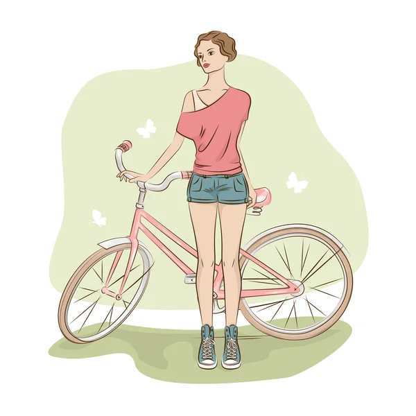 Jovem mulher elegante e sua bicicleta — Vetor de Stock