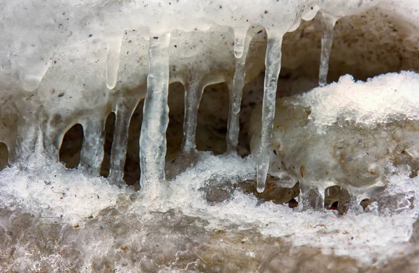 Zamrzlé Pobřeží Moře Zimě Všechno Bylo Pokryto Ledovým Pozadím — Stock fotografie