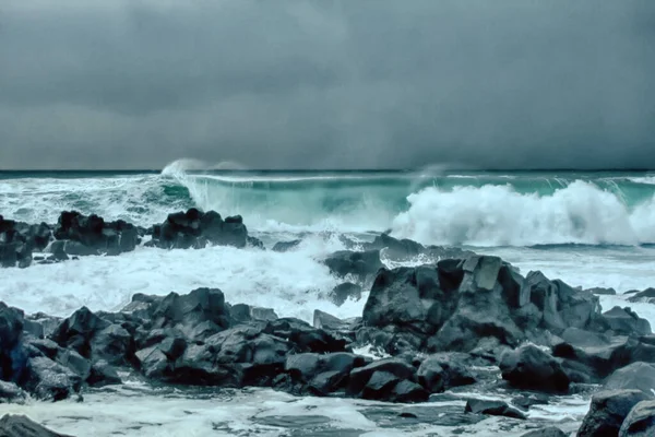 Turbulentní Vlny Tichého Oceánu Drsná Krása Čedičových Skal Mrtvý Otok — Stock fotografie