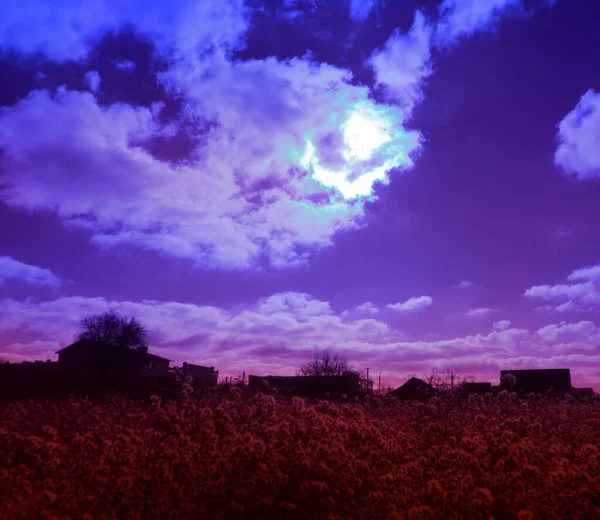 フィールドの端にある村 シュールレアルアート赤外線写真 — ストック写真