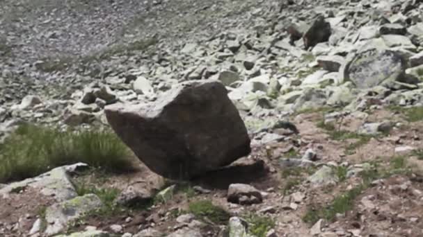 Скала, падающая с склона, вызывает падение камня. — стоковое видео