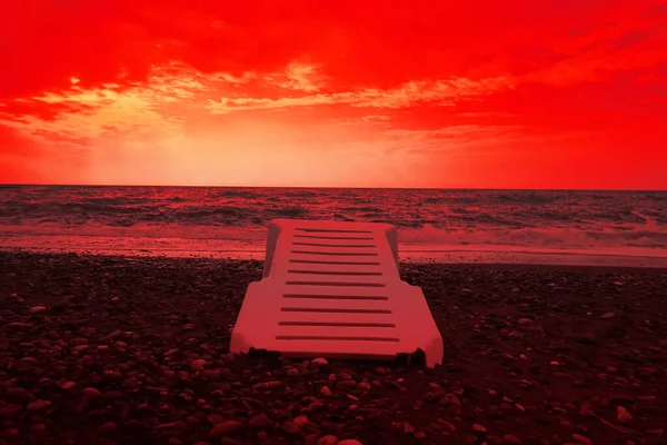 Business Collapse Beach Lounger Broken Storm Empty Beach Surrealistic Art — стоковое фото