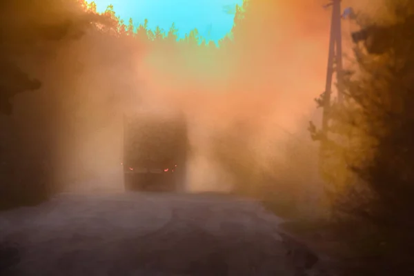 Blurred Background Forestry Management Truck Loaded Wood Logs Mist Sunset — Stock Photo, Image