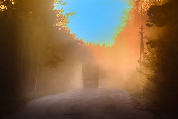 Blurred Background Forestry Management Truck Loaded Wood Logs Mist Sunset — Stock Photo, Image