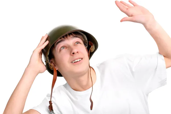 Teenager in military helmet — Stock Photo, Image