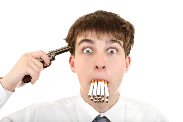 Man met sigaretten en pistool — Stockfoto