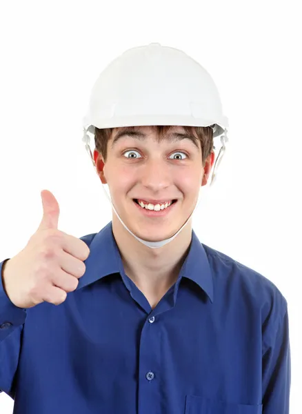 Gelukkig jonge man in hard hat — Stockfoto