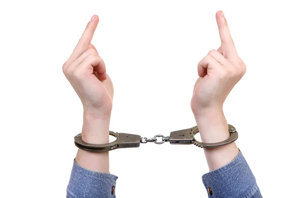 Handcuffs on Hands closeup — Stock Photo, Image