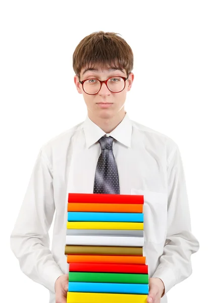 Student houden stapel van de boeken — Stockfoto