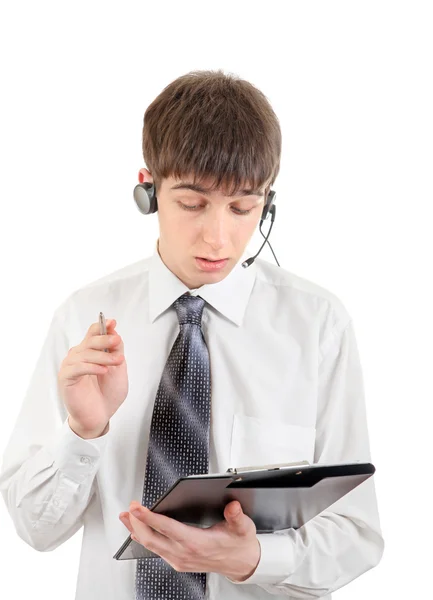 Adolescente con auriculares y portapapeles — Foto de Stock