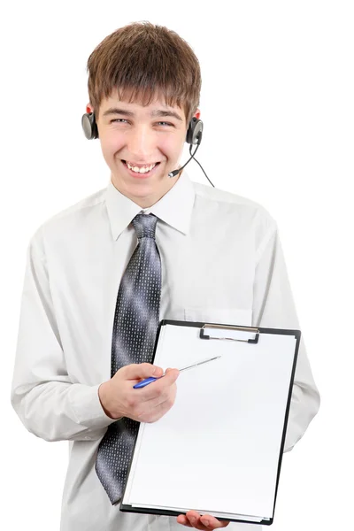 Adolescente con auriculares y portapapeles — Foto de Stock