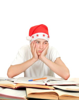 Noel babalar şapkalı sıkılmış öğrenci