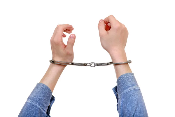 Handcuffs on Hands Closeup — Stock Photo, Image