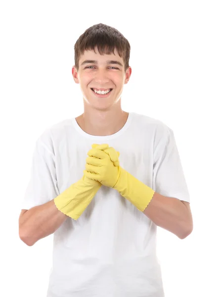 Teenager v gumové rukavice — Stock fotografie
