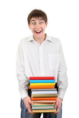 yığın kitap tutan mutlu öğrenci