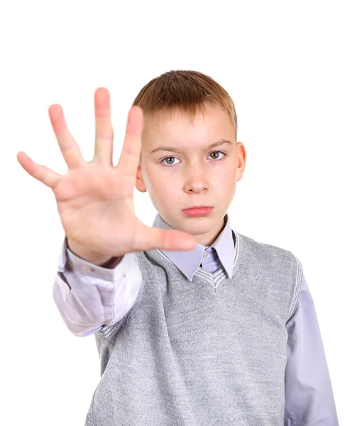 Boy shows Stop hand gesture — Stock Photo, Image